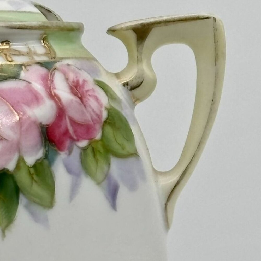 Antique Nippon Hand Painted Double-Handled Small Sugar Bowl With Lid Pink Roses~ - Picture 4 of 14